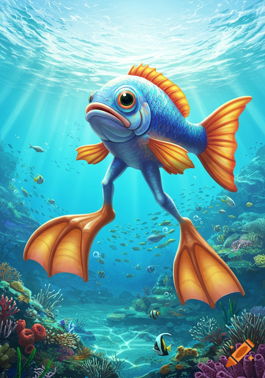 Vibrant cartoon illustration of a blue and orange fish with human-like legs and large webbed feet walking on the colorful coral reef seafloor.