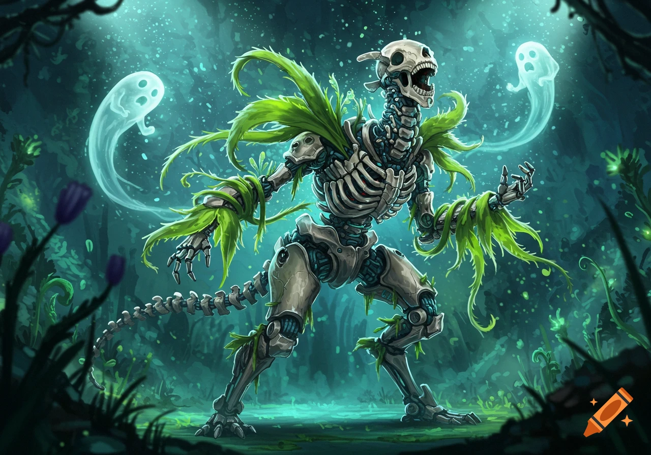 A skeletal, mechanical creature with vibrant green plant growths on its body and a long tail stands in a glowing, ethereal forest with two small ghosts floating around.