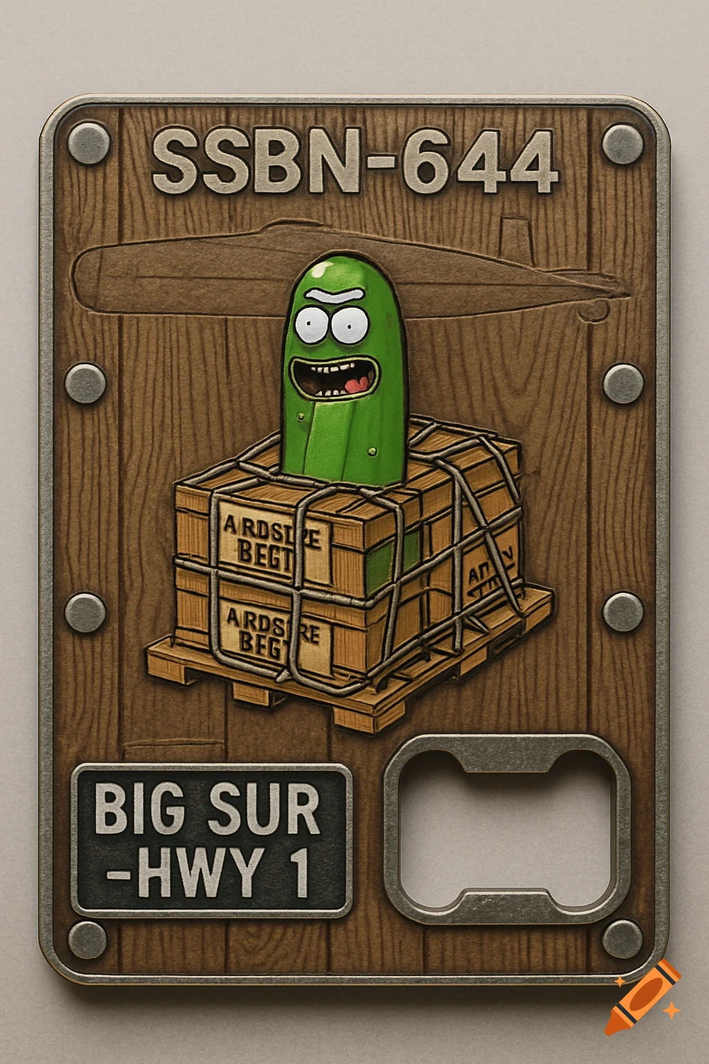 A decorative bottle opener featuring Pickle Rick on top of wooden crates on a pallet. Text reads "SSBN-644" and "BIG SUR - HWY 1", with a submarine outline in the wood grain.