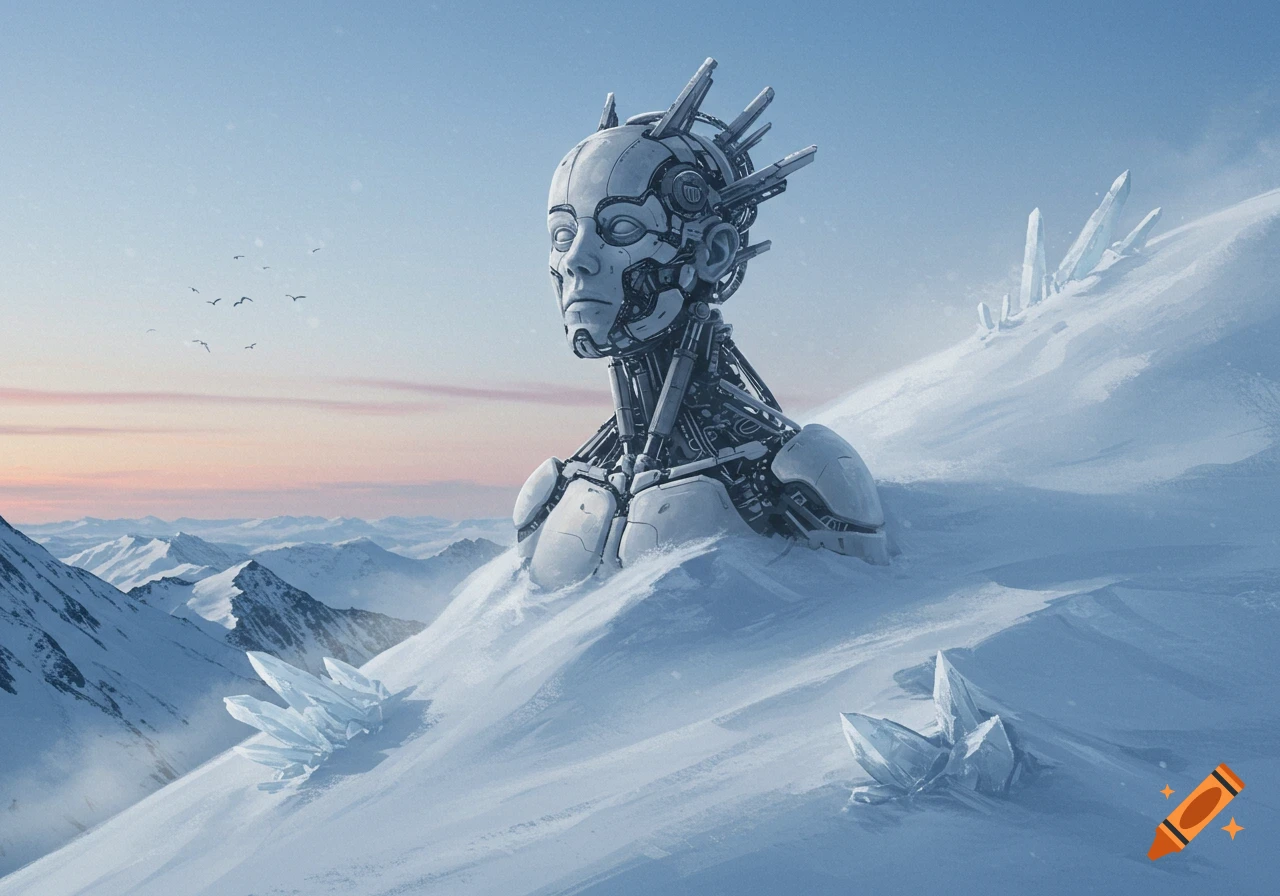 A detailed robotic bust emerges from a snowy mountain, with distant peaks under a pale sky at dawn. Some birds fly in the background.