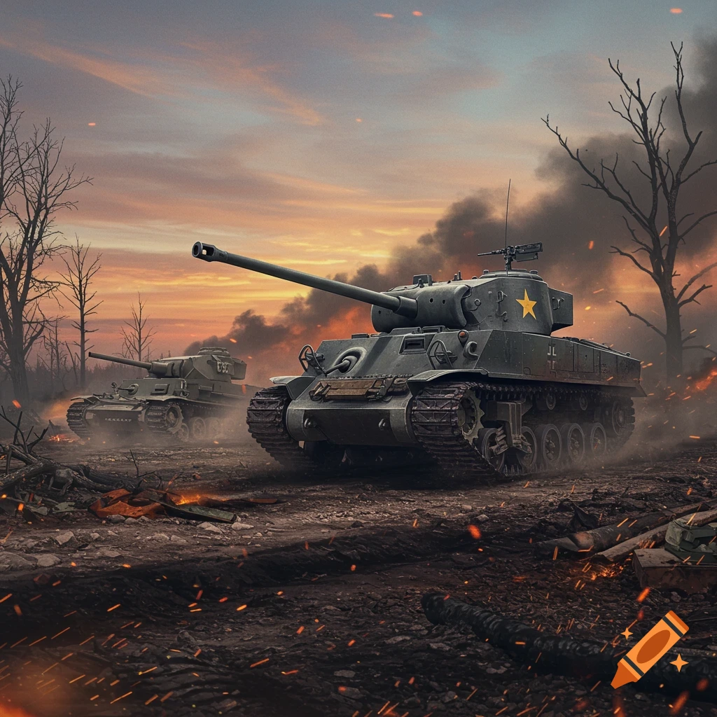 Two M10 GMC tanks on a fiery, smoke-filled battlefield at sunset, with bare trees silhouetted against the sky in a photorealistic style.