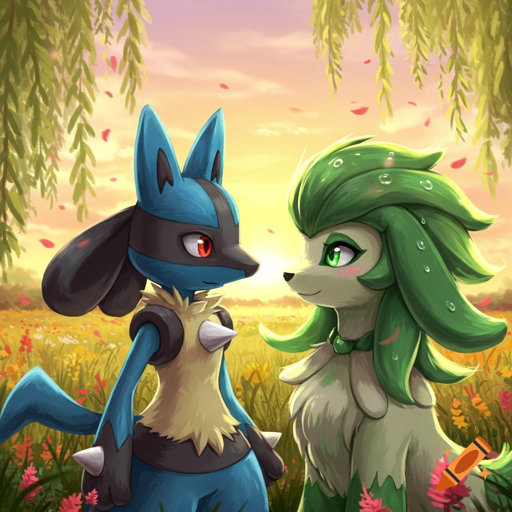 Lucario and a green floragato-like creature gaze at each other in a vibrant wildflower field at sunset, with weeping branches overhead.