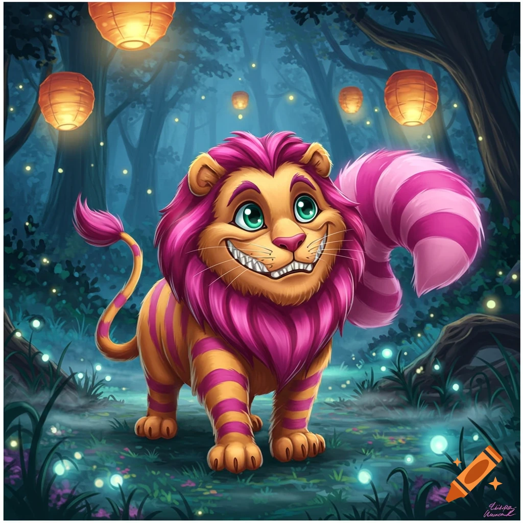 A vibrant, cartoonish pink and orange striped lion with green eyes and a wide grin stands in a magical, glowing forest.