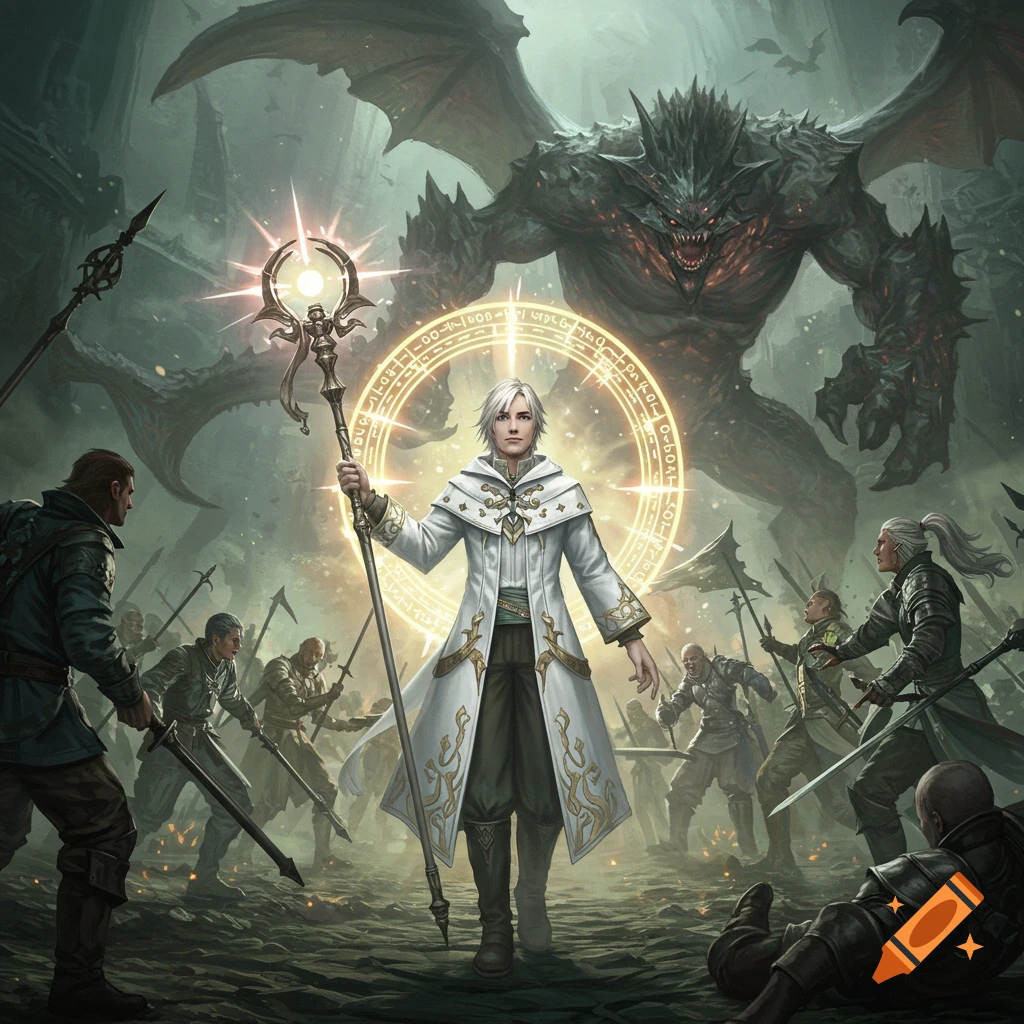 A white-haired White Mage in white robes casts a radiant healing spell, surrounded by warriors fighting a massive, winged demon in an epic fantasy battle scene.