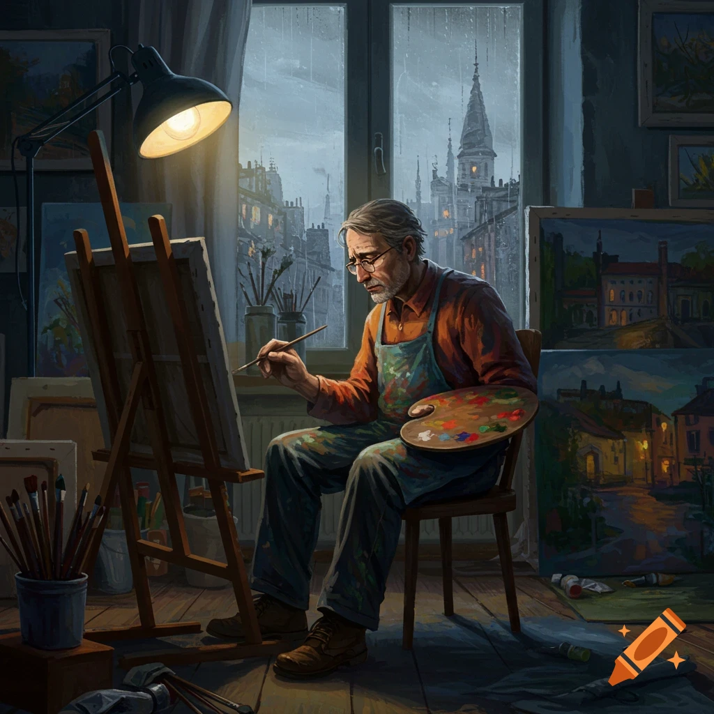 A middle-aged painter with glasses and a beard works on a canvas in his studio, overlooking a rainy city through a window.