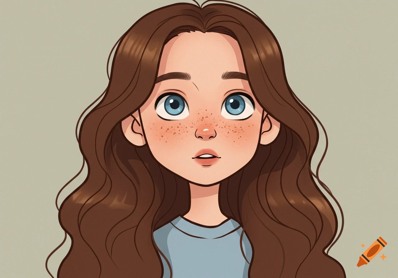 Cartoon girl with long brown wavy hair, freckles, and blue eyes.