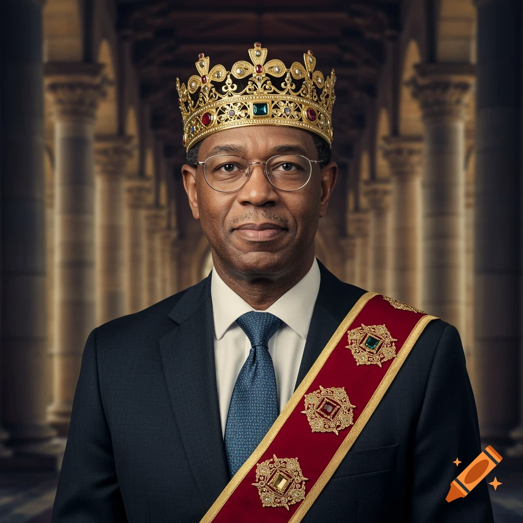 Photorealistic portrait of a man in a dark suit, wearing a gold crown with jewels and a red ceremonial sash, in a columned hall.