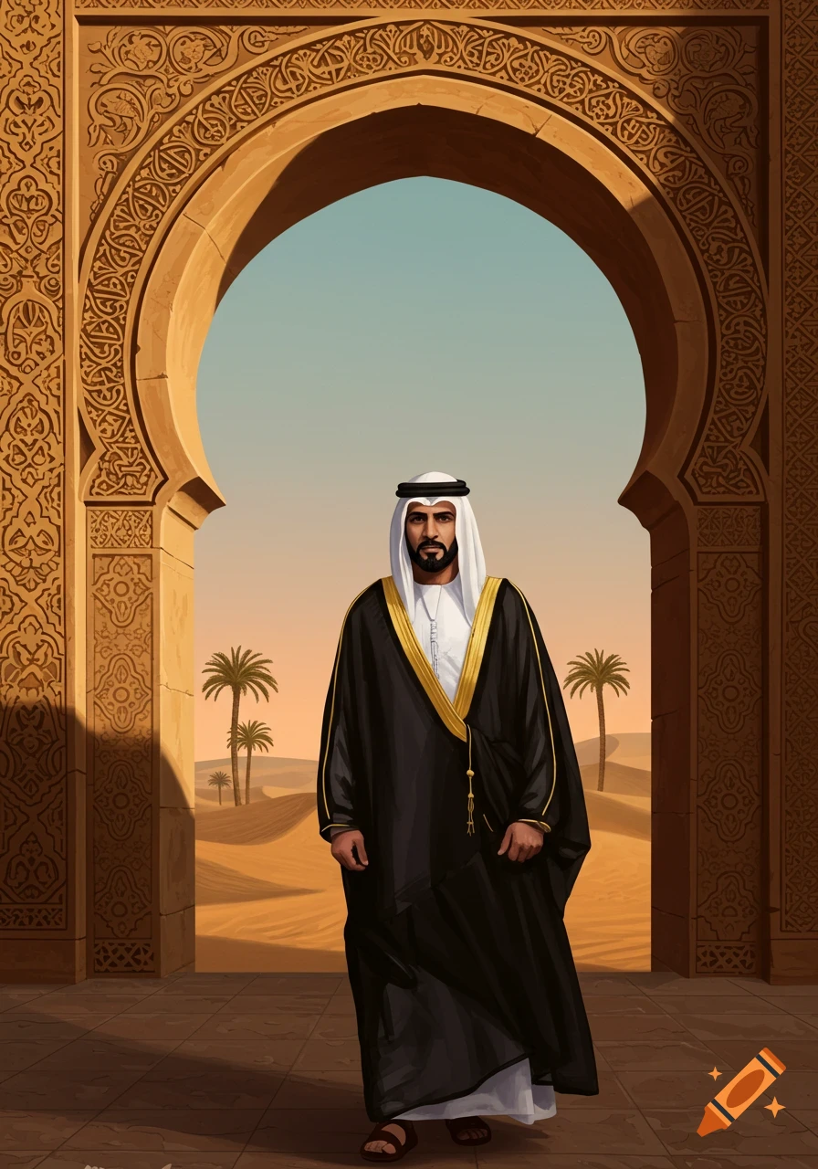 A man in traditional black and gold Arab attire and a white keffiyeh stands under an ornate archway, looking out at a desert with palm trees.