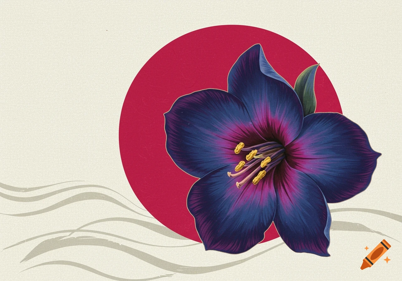 A stylized dark purple and pink flower with yellow stamens centered against a red circle, on a light textured background with subtle gray wavy lines in a Japanese art style.