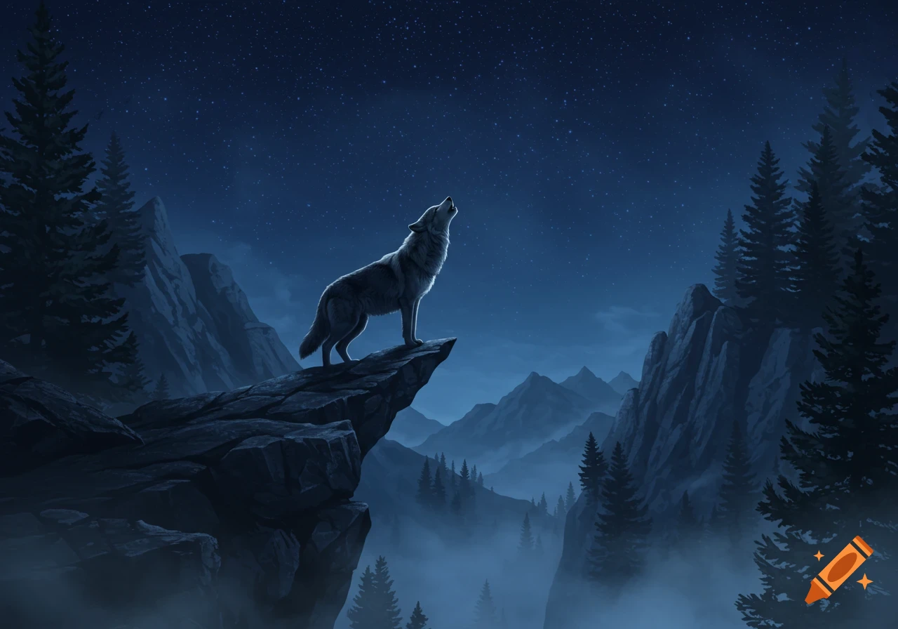 A majestic wolf howls at the starry night sky from a rocky cliff in a dark, moonlit mountain landscape.