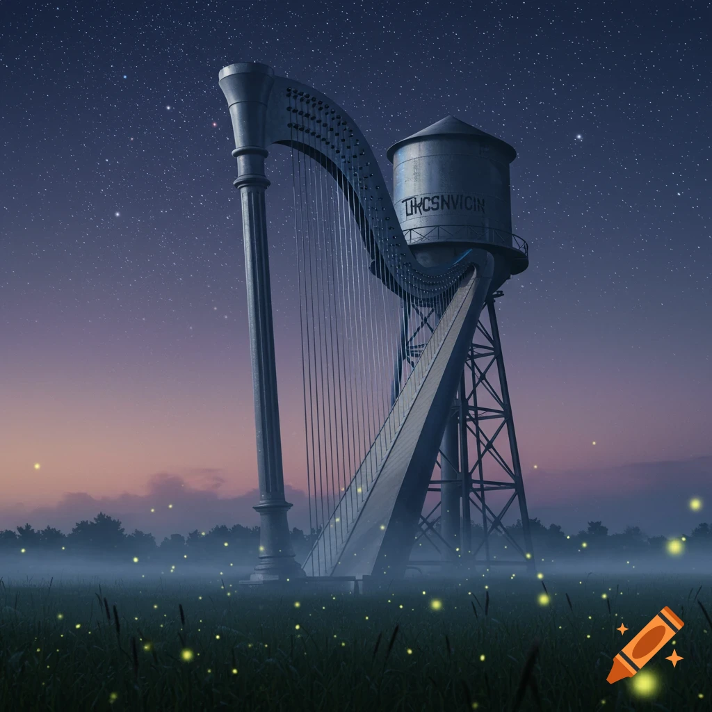 A giant harp is integrated with a water tower, standing in a misty field lit by fireflies under a starry night sky.