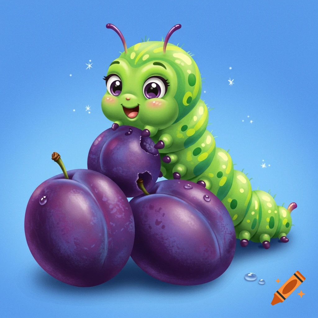 A cute cartoon green caterpillar with purple antennae is eating three purple plums, one with a bite taken out, on a blue background.