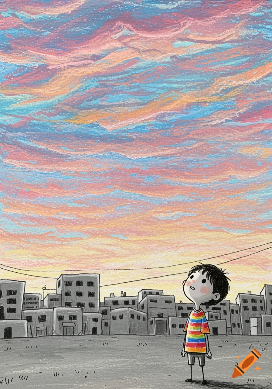 A crayon drawing of a Korean boy in a rainbow shirt looking up at a vibrant, multicolored sky over a plain grey town.