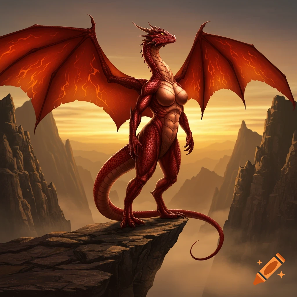 A muscular, red-scaled dragoness with large, fiery wings stands majestically on a rocky cliff overlooking a vast mountain range at sunset.
