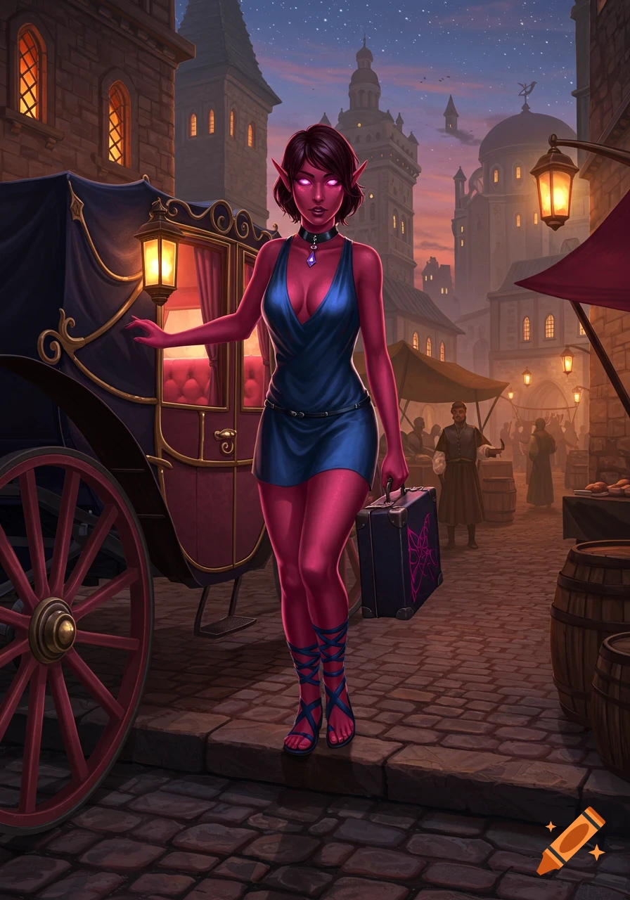 A red-skinned female elf in a blue mini dress exits a horse carriage in a medieval city at dusk, holding a suitcase.