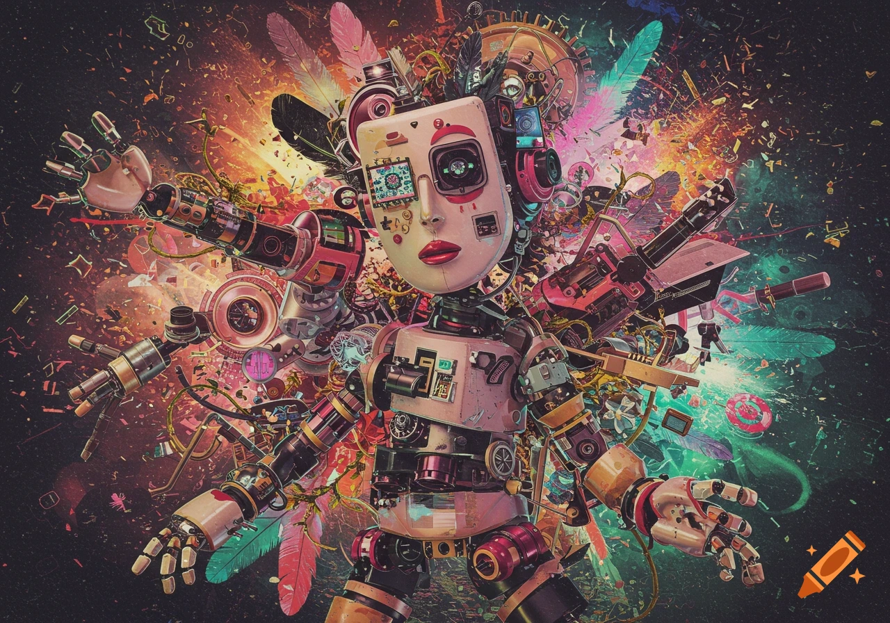 An abstract, colorful image of a robotic figure made of mechanical parts, wires, and feathers, against an explosive, chaotic background.