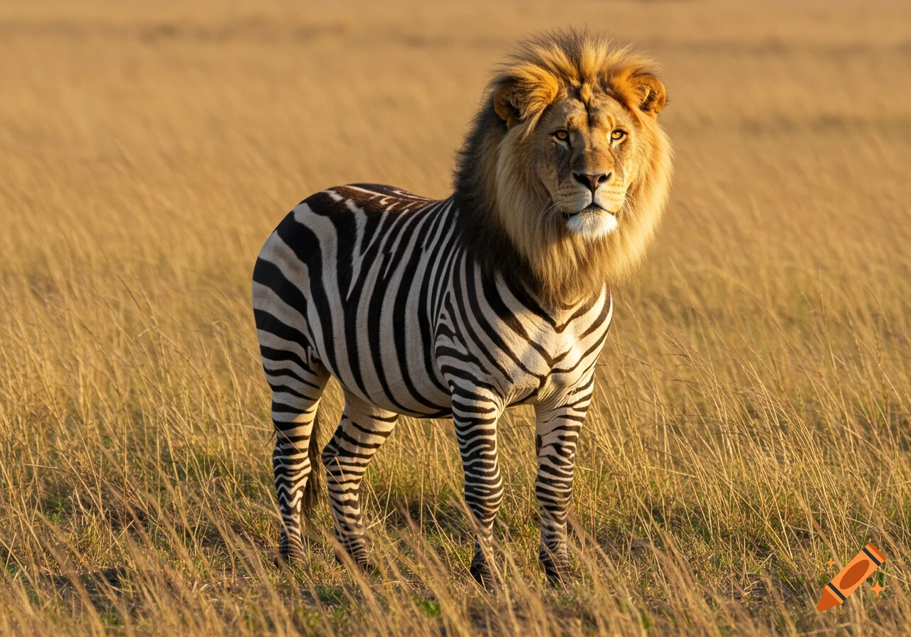 Photorealistic hybrid creature with a lion's head and a zebra's striped body stands in a golden grassy field.