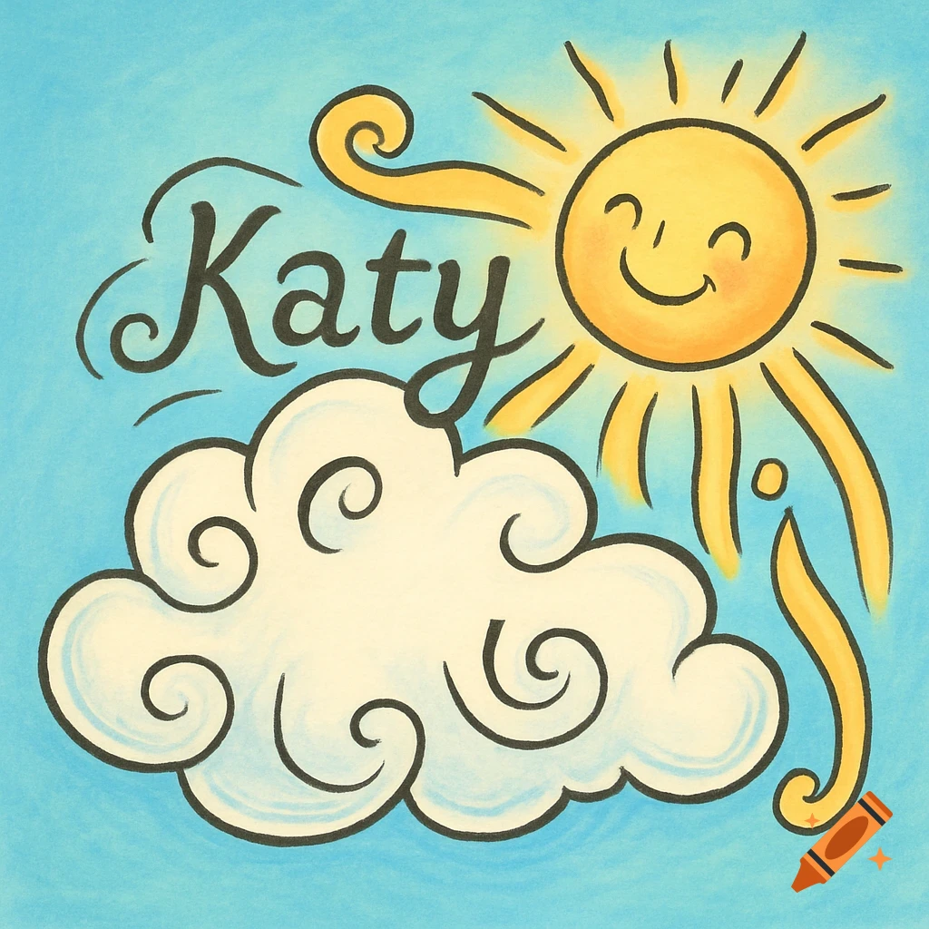A cartoon drawing of a smiling sun, a cloud, and the name 'Katy' in a blue sky.
