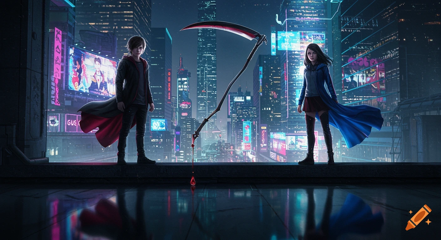 Two futuristic teenagers in flowing robes stand on a rooftop with a scythe between them, overlooking a neon-lit cyberpunk city at night.