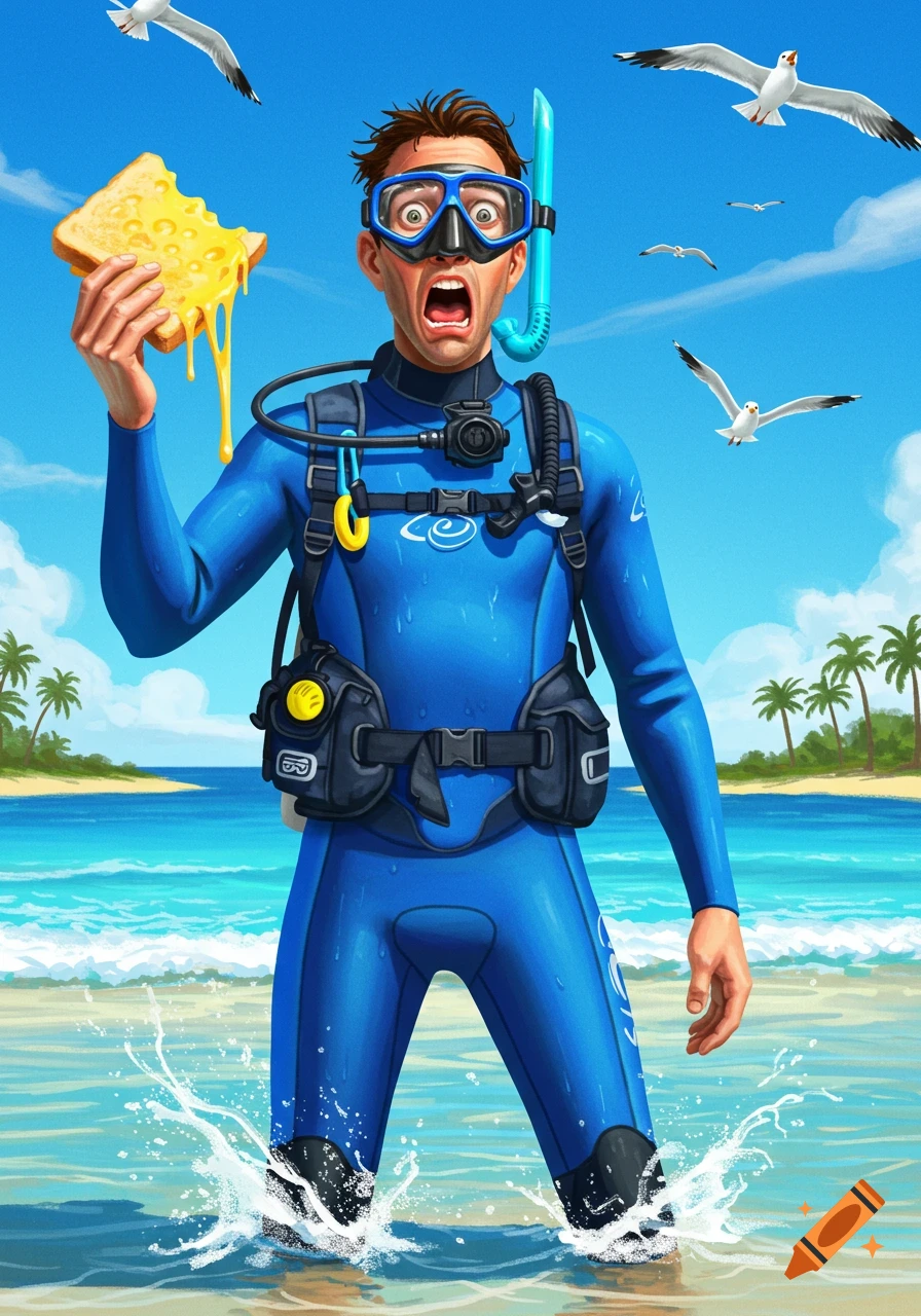 A terrified male diver in a blue wetsuit stands in shallow ocean water, holding a melted cheese sandwich, with seagulls flying above. Stylized illustration.