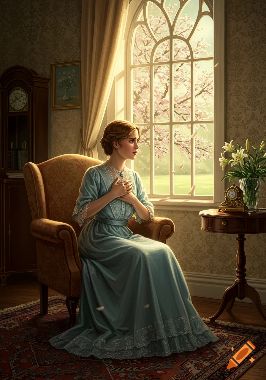 A woman in a blue dress sits in an armchair by a large window, looking out at a blooming cherry blossom tree.