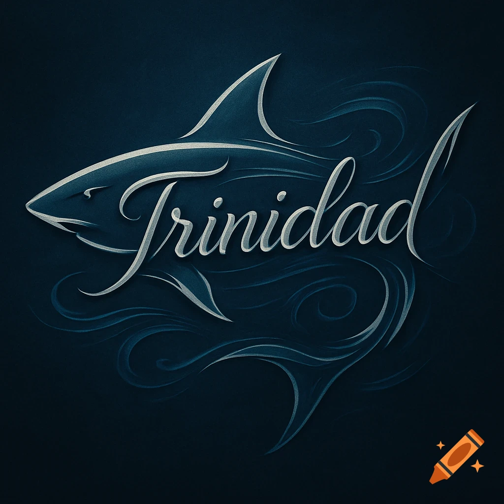 Stylized illustration of a shark with the word 'Trinidad' integrated into its body, on a dark blue background.