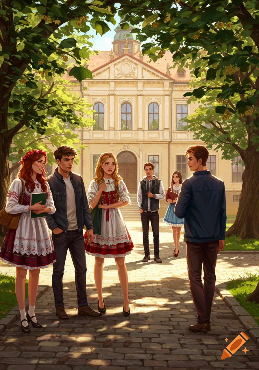 Digital illustration of several young students, some in traditional attire, standing on a path outside a large university building.