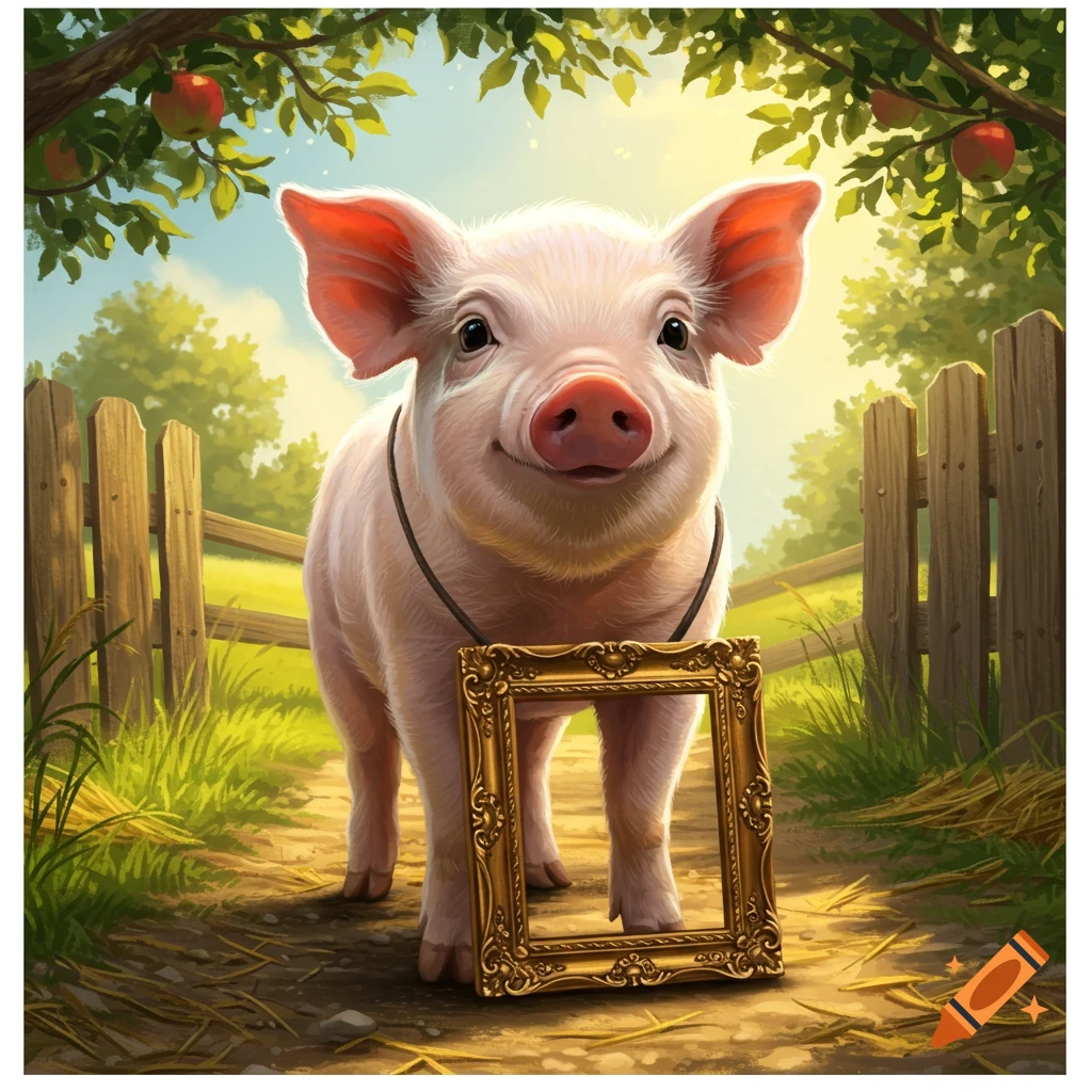 A smiling pig with a golden ornate empty picture frame around its neck stands on a dirt path in a sunny, green countryside.