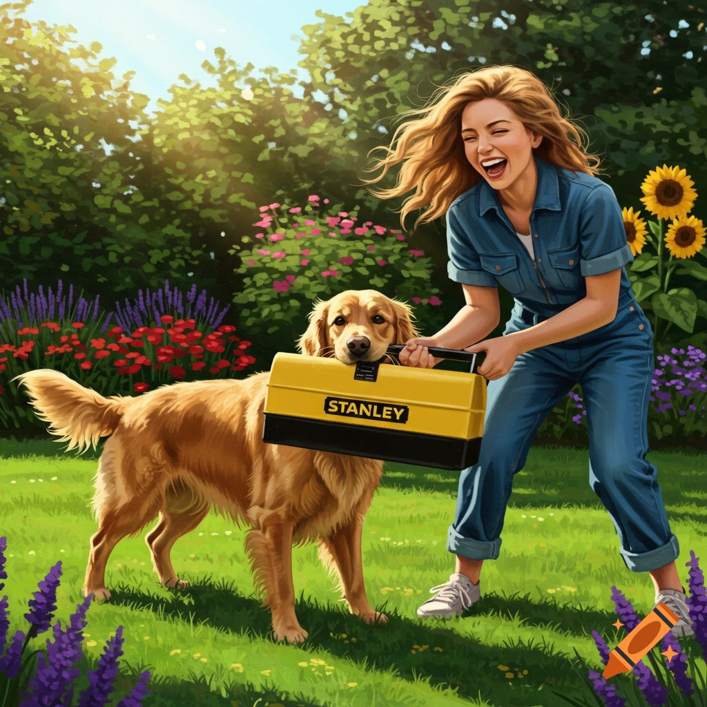 A laughing woman and a golden retriever in a sunny garden, both holding a yellow Stanley toolbox.