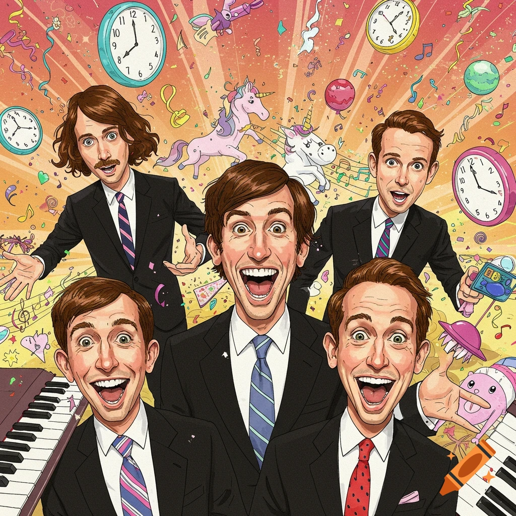 Five cartoon men in suits with exaggerated smiles, surrounded by clocks, unicorns, and musical notes in a vibrant, whimsical style.