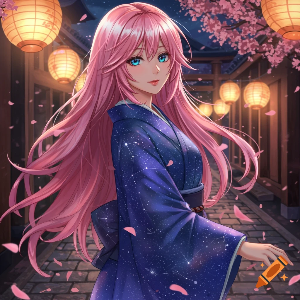 Anime woman with pink hair and blue eyes in a starry blue kimono, standing in a Japanese street with lanterns and cherry blossoms at night.