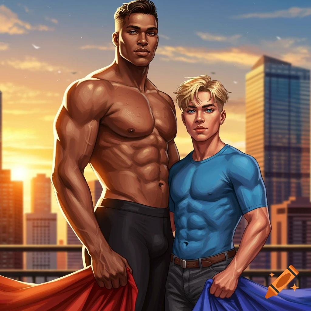 Digital art of a muscular dark-skinned man and a blond man, holding pride flag colors, on a city rooftop at sunset.