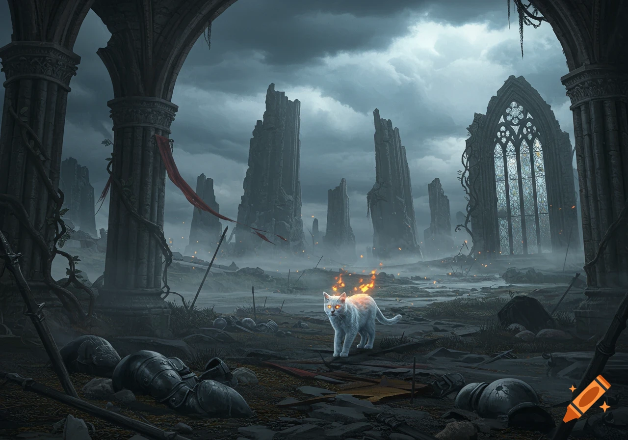 A white cat with glowing eyes and fiery shoulders walks through a desolate, misty dark fantasy ruin landscape under a stormy sky.