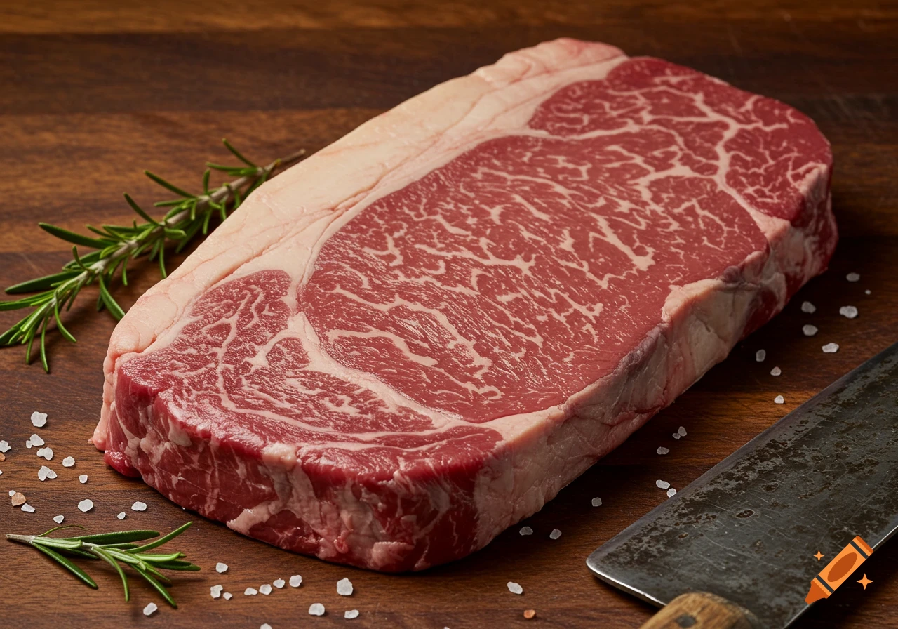 A close-up of a raw, marbled beef steak on a wooden cutting board with rosemary, sea salt, and a cleaver.