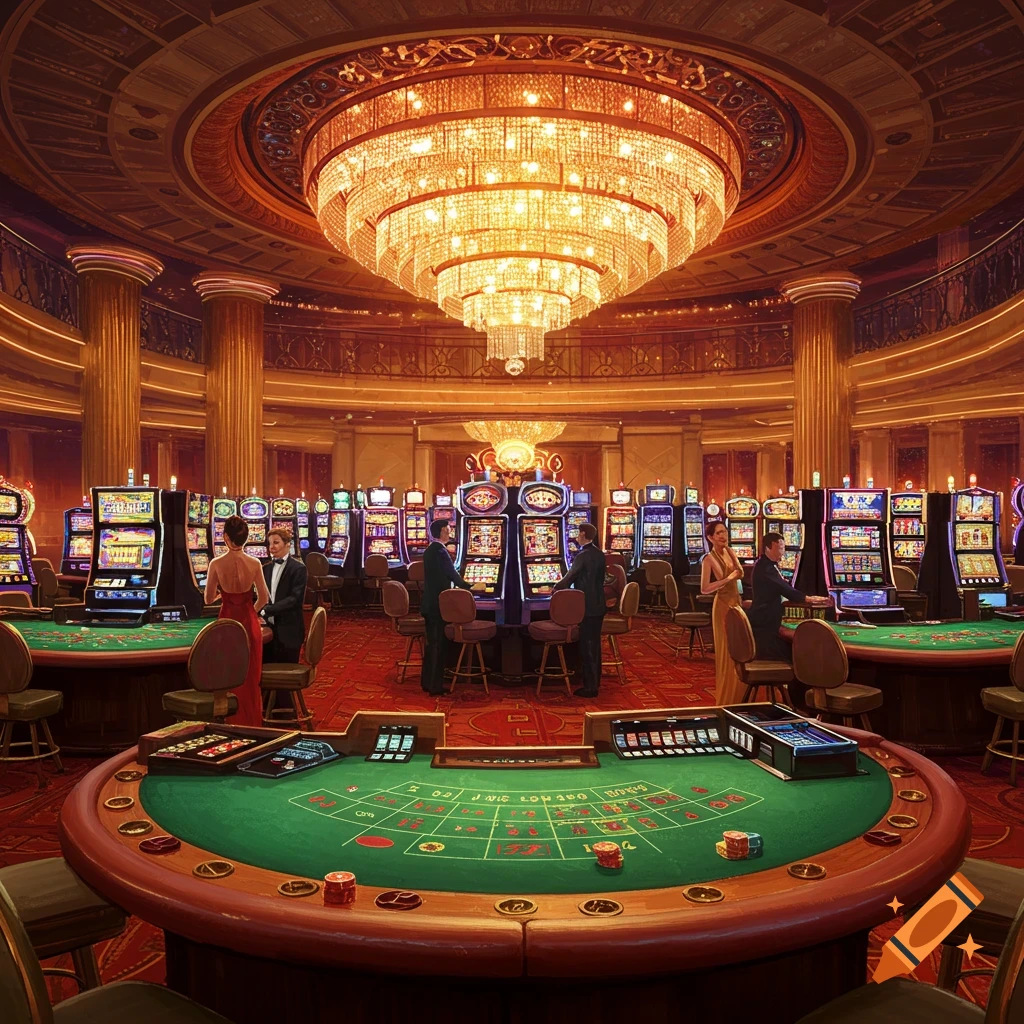 A lavish casino interior with a grand chandelier, multiple slot machines, and several roulette tables where patrons are gambling.