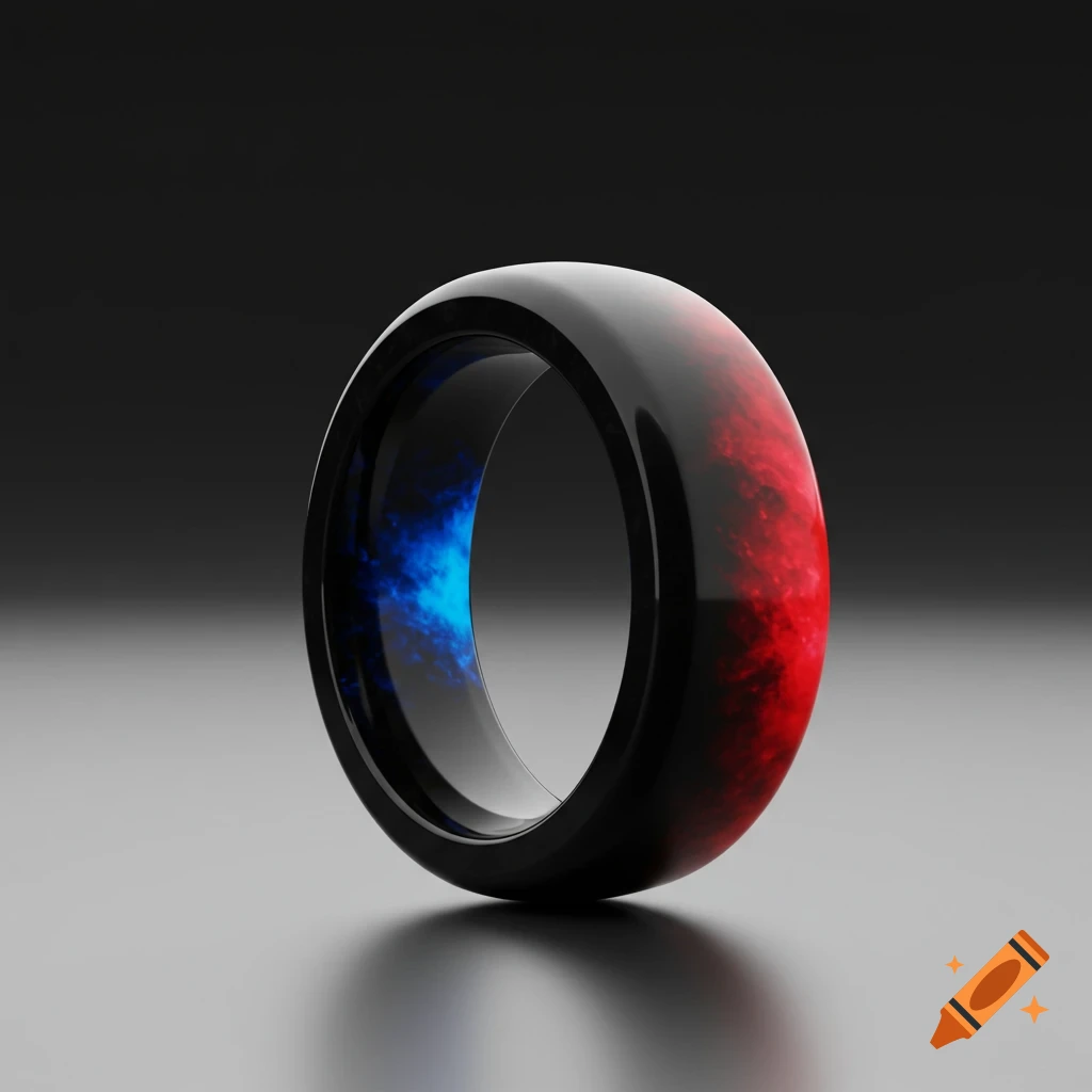 A shiny black obsidian ring with an inner band glowing from blue on the left to red on the right, on a dark reflective surface.