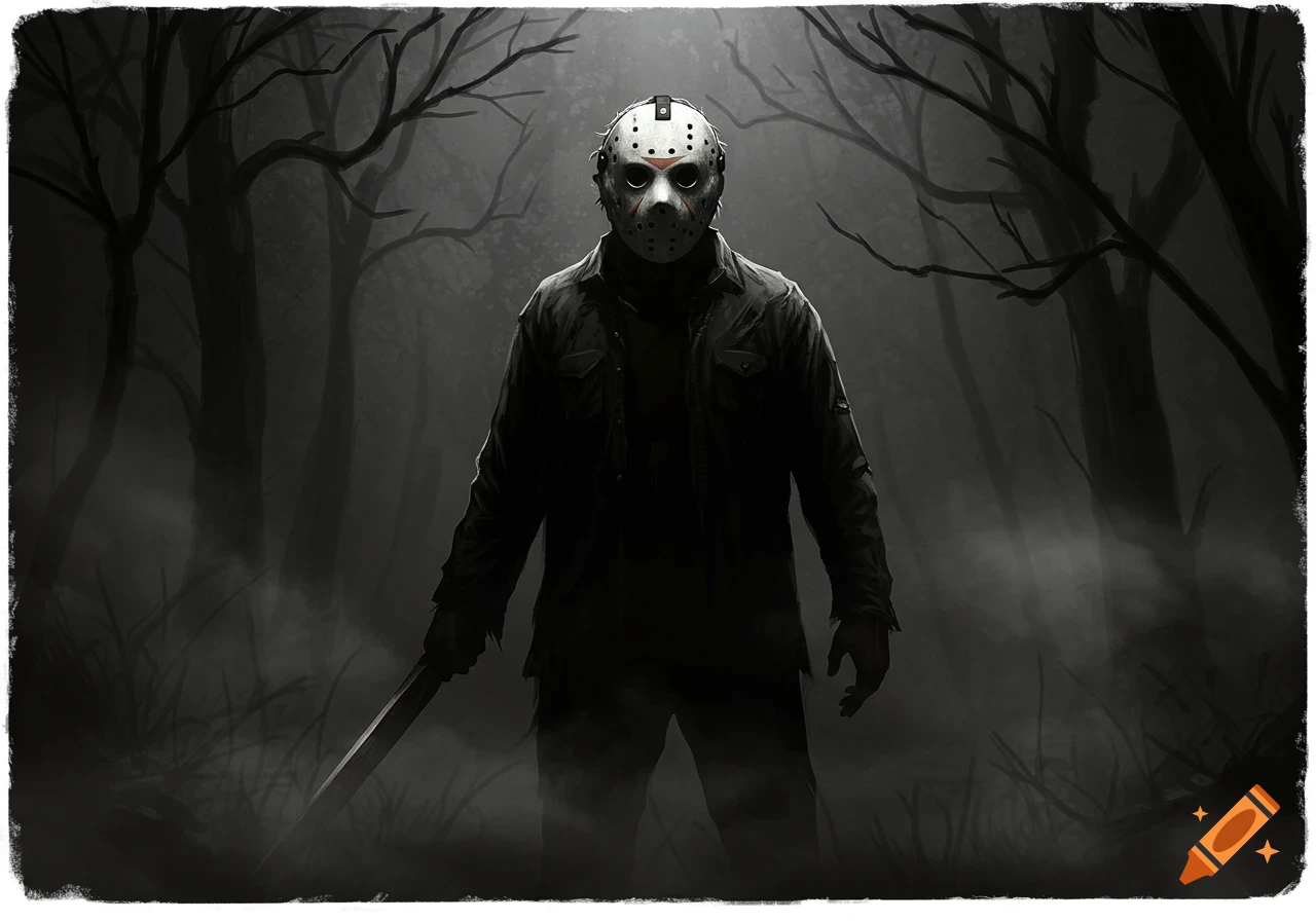 Jason Voorhees in a dark, foggy forest, holding a machete, rendered in a gritty black and white illustration style.