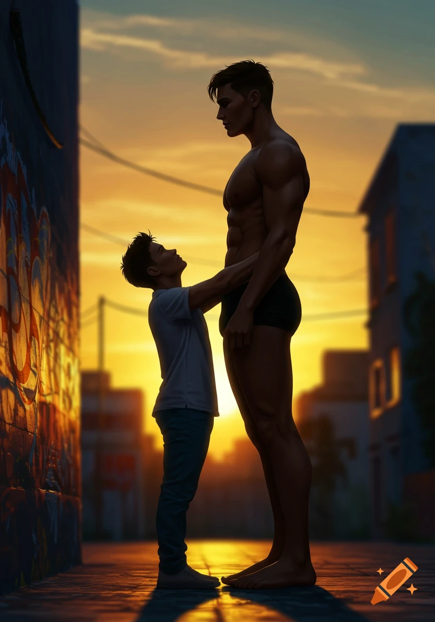 Digital art of a shorter man embracing a tall, muscular man in an urban alley at sunset, with graffiti on a side wall.
