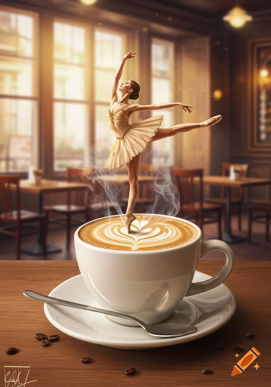 A realistic illustration of a ballerina dancing en pointe on a steaming cup of latte art in a sunlit cafe.