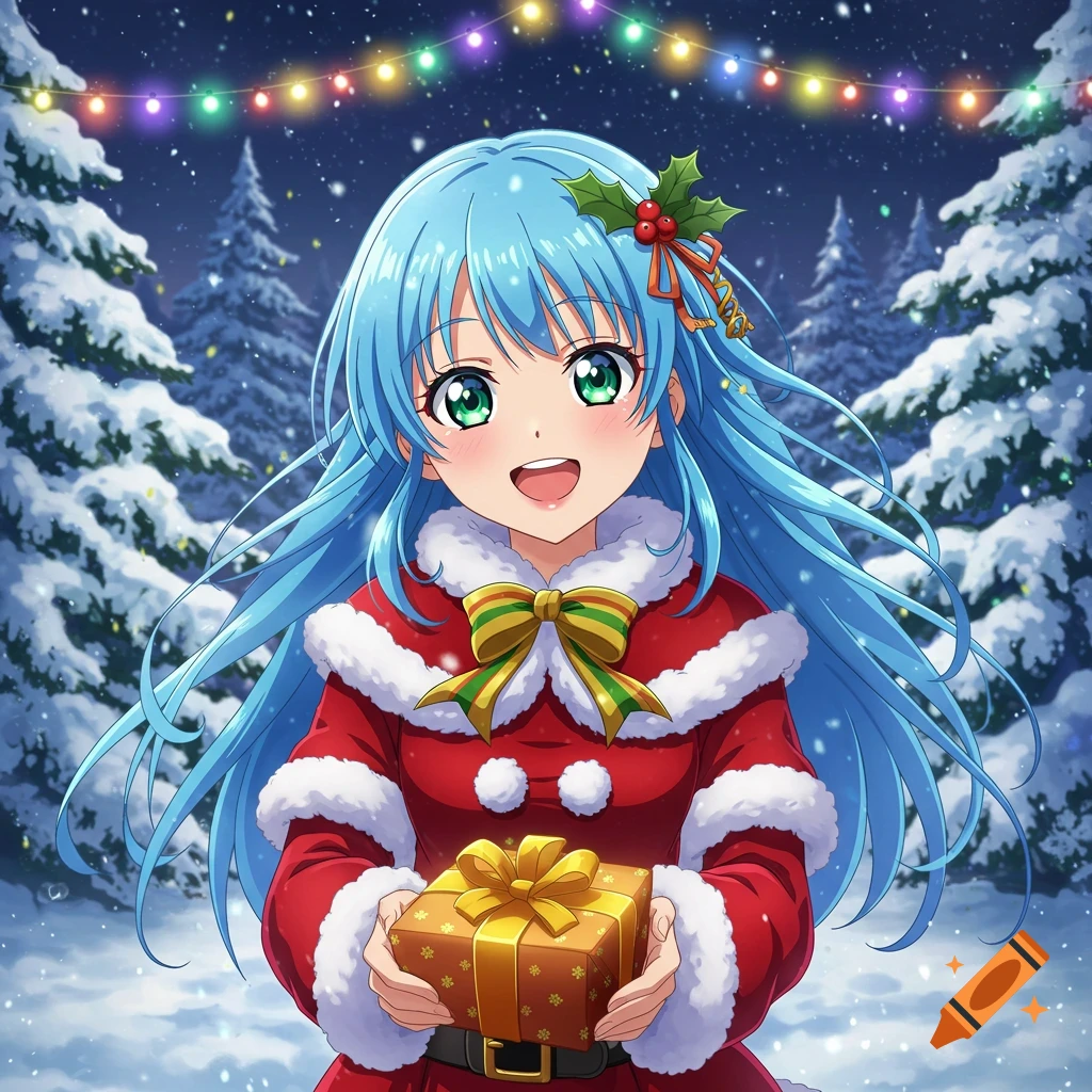 An anime girl with blue hair in a Santa outfit holds a golden gift in a snowy Christmas forest with string lights.
