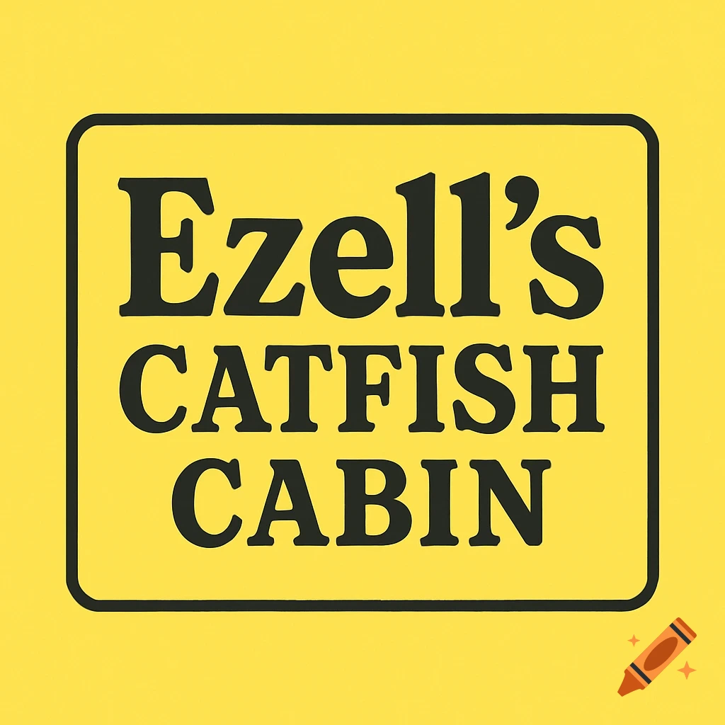 Black text "Ezell's CATFISH CABIN" inside a rounded black-bordered yellow rectangle, on a yellow background.