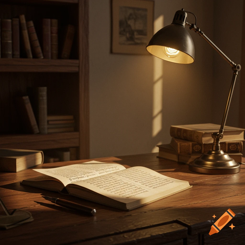 A dimly lit desk with an open book, a pen, and an antique desk lamp next to a stack of books, with bookshelves in the background.