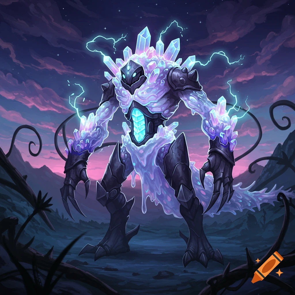 A large monster made of glowing purple and blue crystals and goop, with dark armored limbs and electricity, stands in a twilight landscape.
