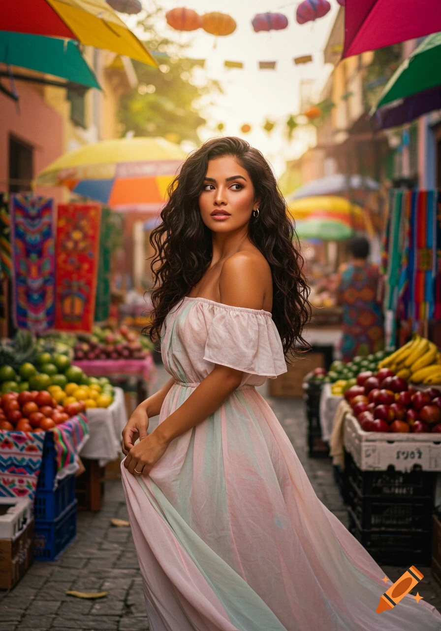 A beautiful woman with long dark wavy hair in an off-shoulder pink and teal dress stands in a colorful outdoor market with fruit stalls and umbrellas.
