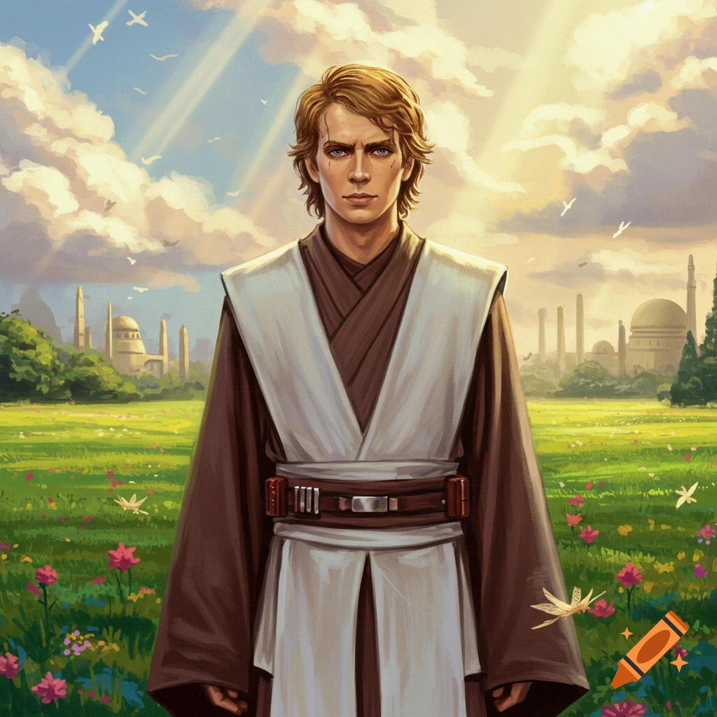 Illustrated portrait of Anakin Skywalker in Jedi robes, standing in a vibrant green field with flowers and a futuristic city under a sunny sky.