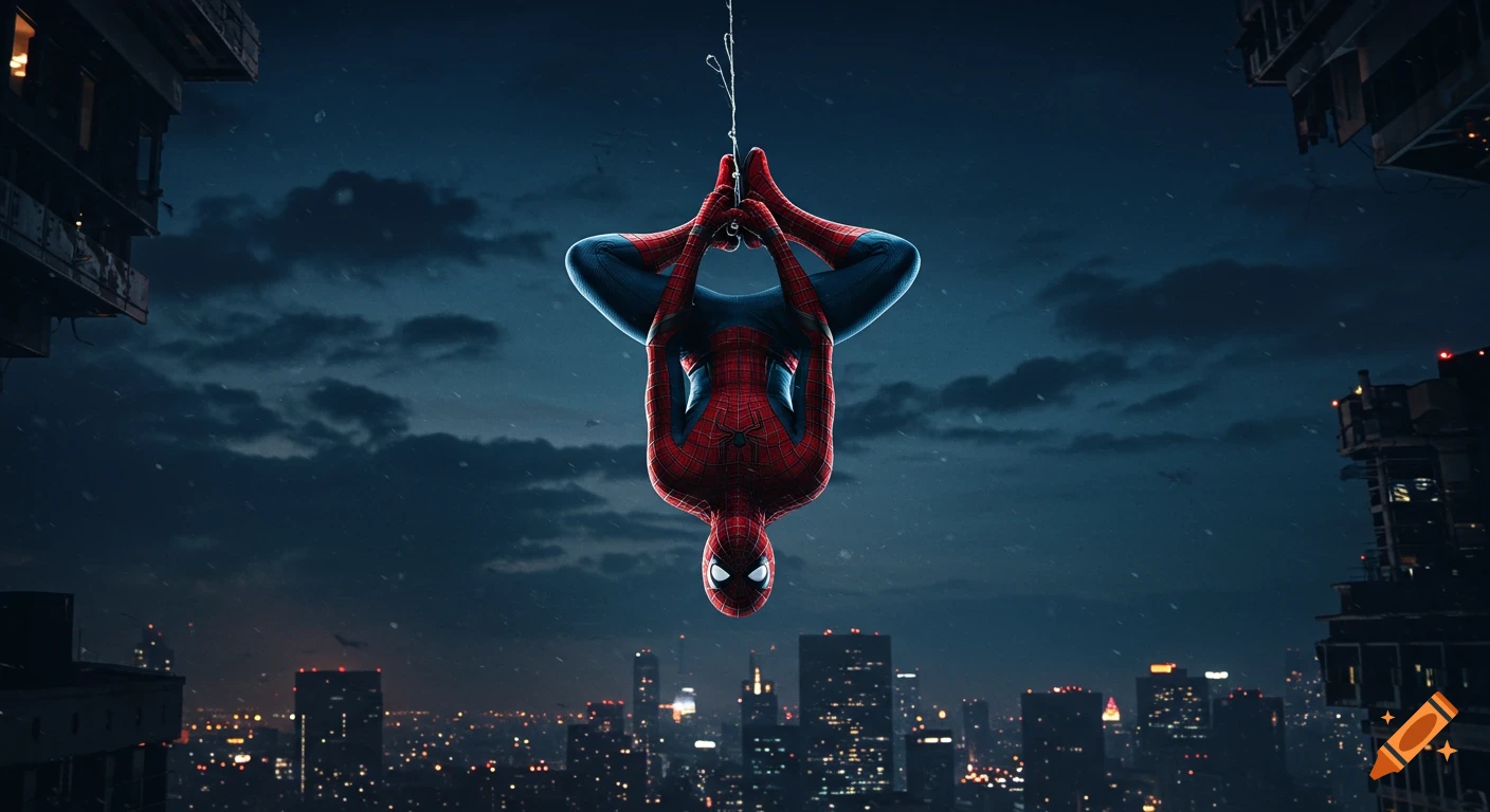 Spider-Man dangles upside down from a web against a dark, cloudy night sky above a glowing city skyline.