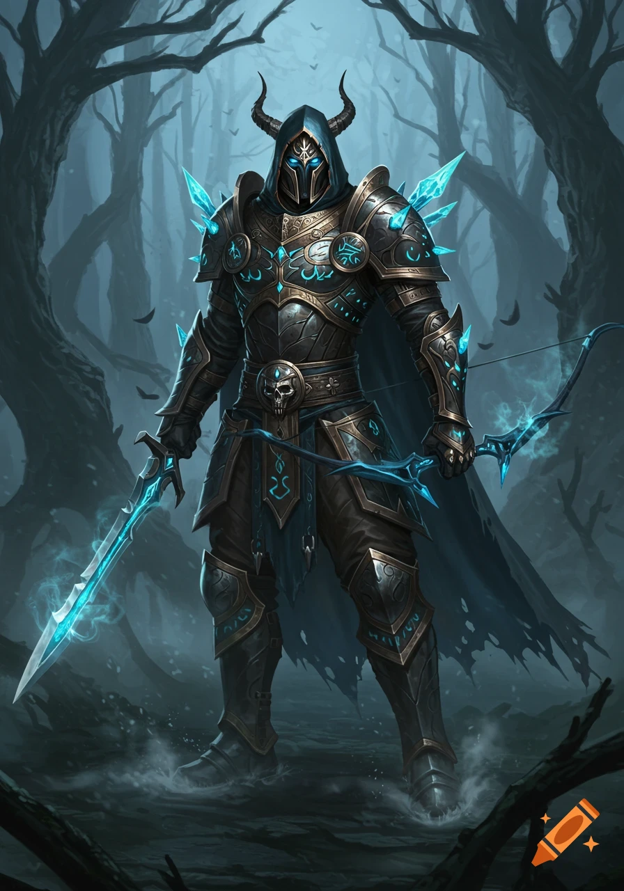 A dark fantasy warrior in ornate black and gold armor with glowing blue accents, holding a glowing sword and bow in a misty forest.