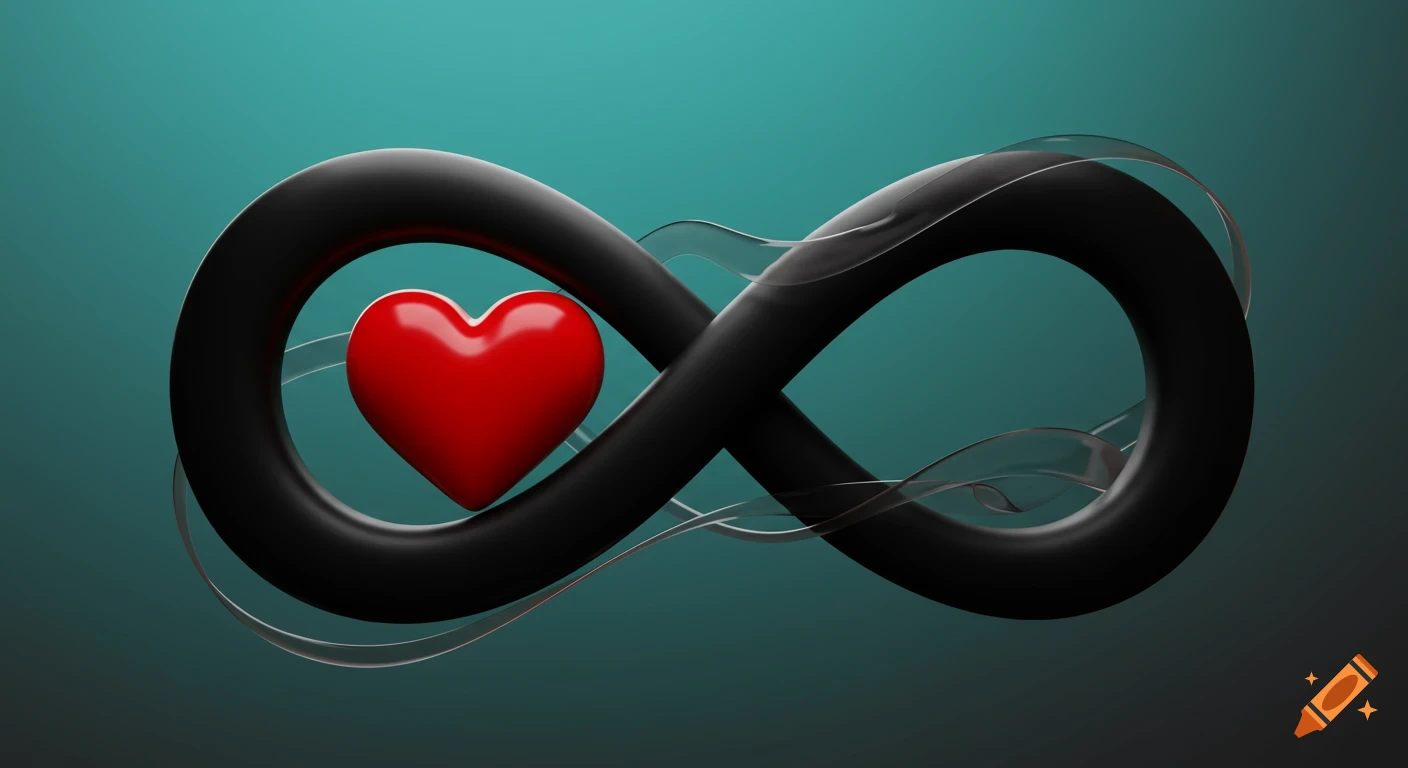 A large, sleek black infinity symbol with fluid transparent trails, featuring a bold red heart at its center, on a teal background.