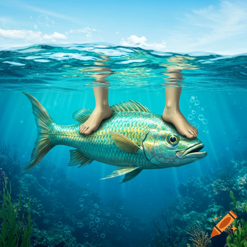 Human feet stand atop a large fish, swimming through clear blue underwater with sunlight and coral reefs.