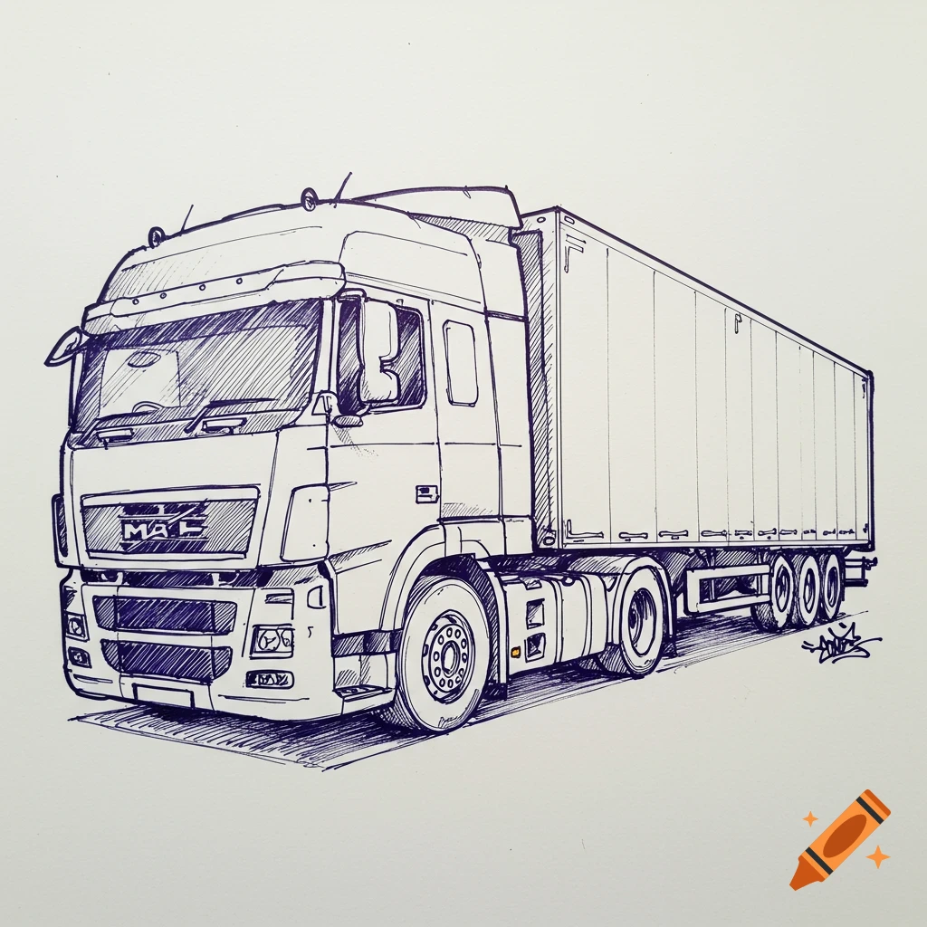 Pen outline drawing of a UK lorry truck and trailer in a graphity style.